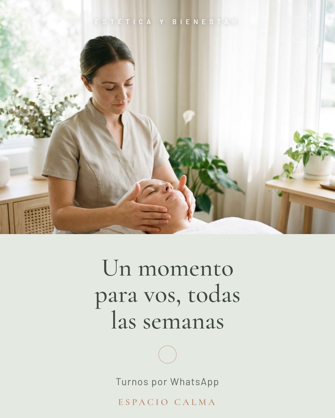 Flyer de diseño para un centro de estética: 'Un momento para vos, todas las semanas', paleta salvia y terracota suave
