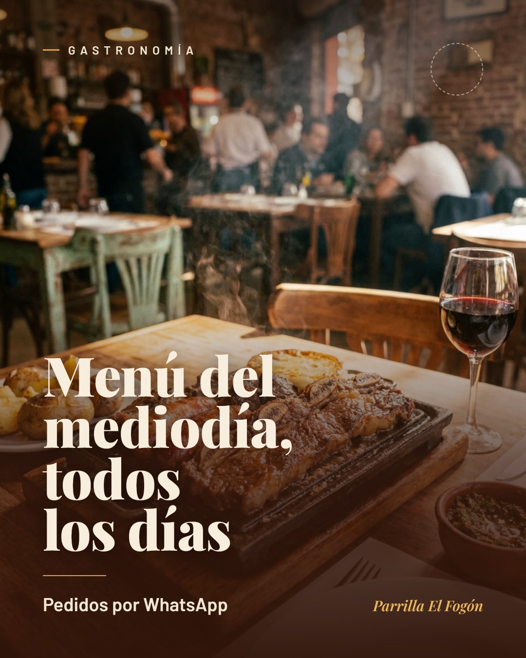 Flyer de diseño para una parrilla: 'Menú del mediodía, todos los días', paleta cálida terracota y mostaza
