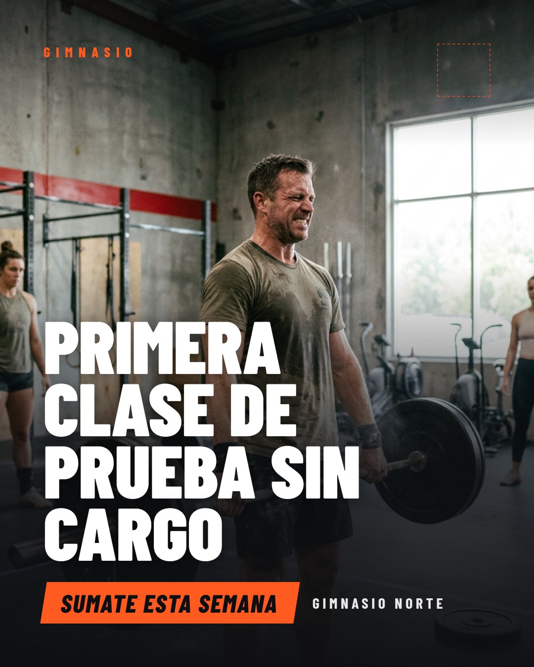 Flyer de diseño para un gimnasio: 'Primera clase de prueba sin cargo', paleta oscura con acento naranja