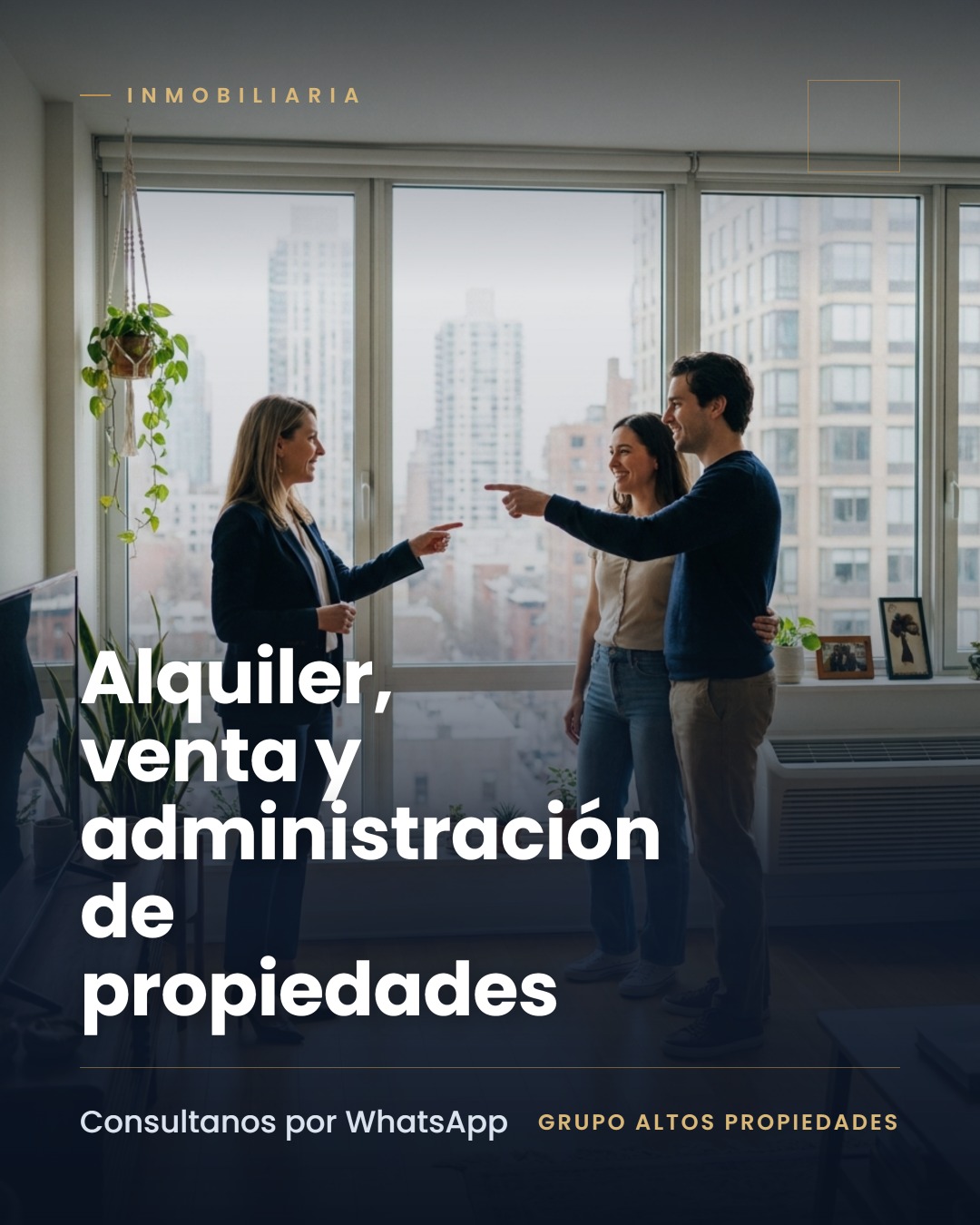 Banner de diseño para una inmobiliaria: 'Alquiler, venta y administración de propiedades', paleta azul noche y dorado